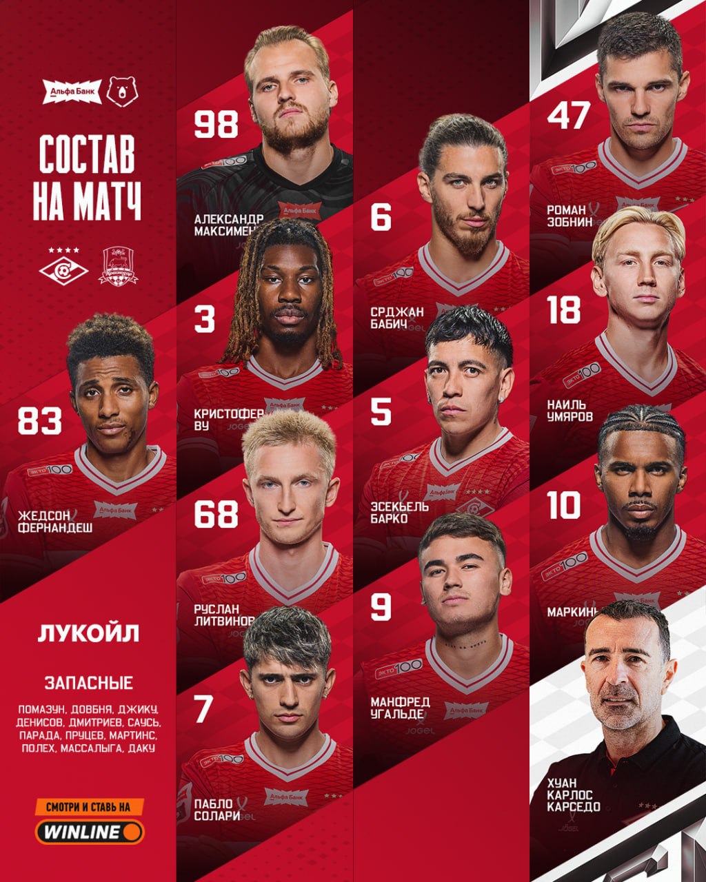 Стартовый состав Спартака на матч с Краснодаром