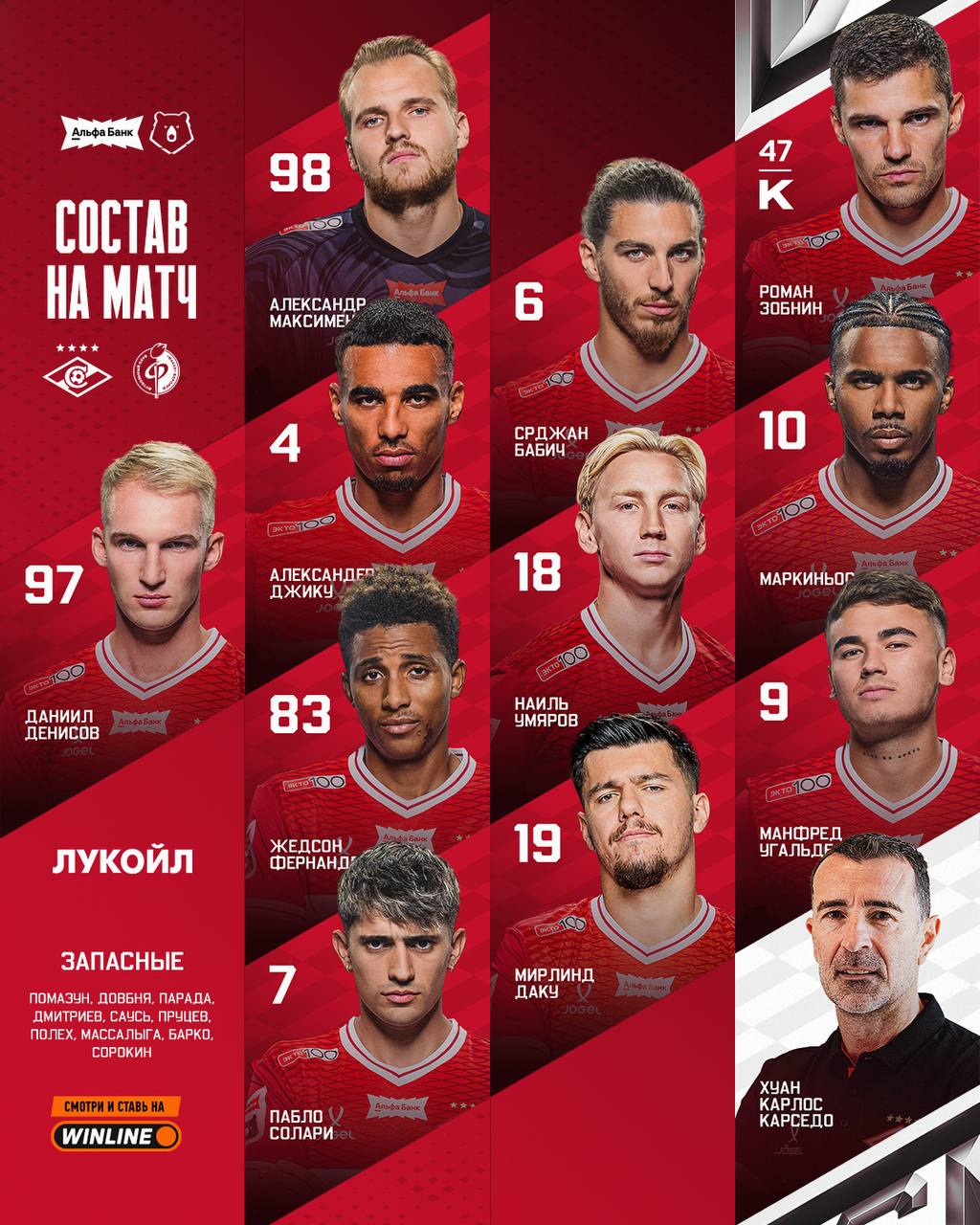 Стартовый состав Спартака на матч с Факелом