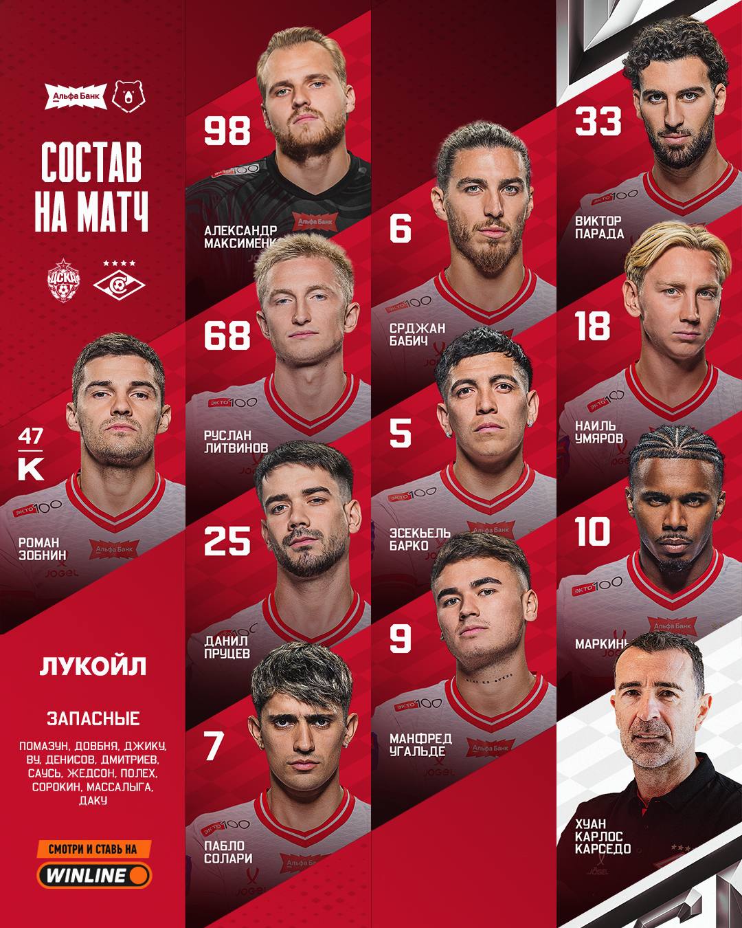 Стартовый состав Спартака на матч с ЦСКА